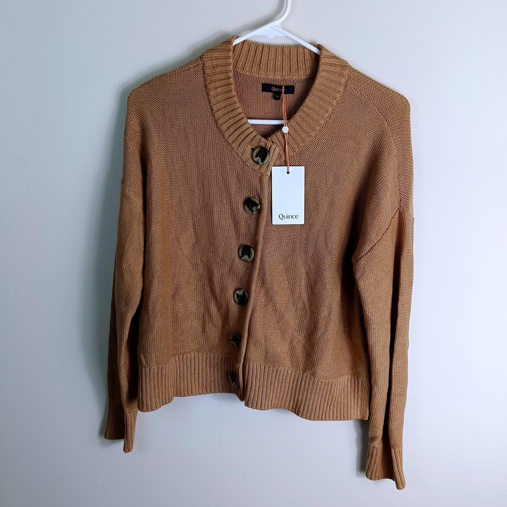 Quince Cardigan Women XS Camel NEW 100% Organic Cotton Fisherman Knit Sweater